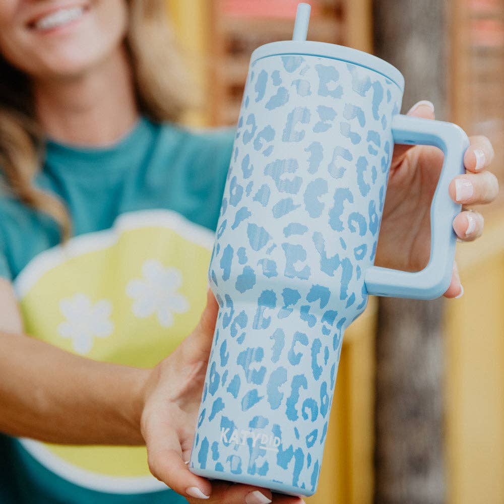 Modern Light Blue Leopard 38 Oz Tumbler Cup w/ Handle