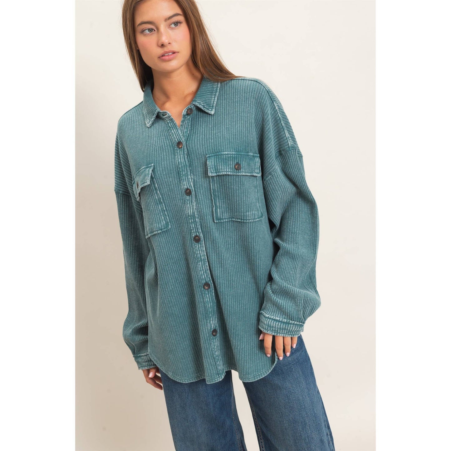 Waffle Knit Button-Up Shacket