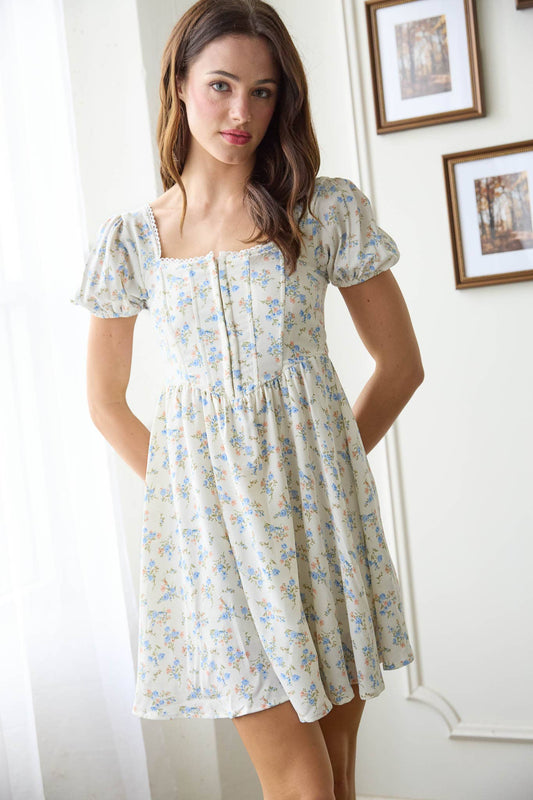 FLORAL LACE TRIM FRONT HOOK & EYE MINI DRESS