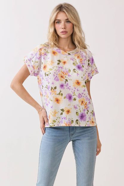 Floral Ribbed Short Sleeve Knit Top