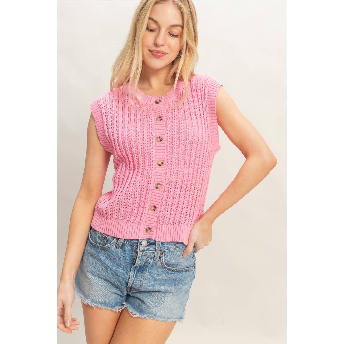 Sleeveless Ribbed Button Top