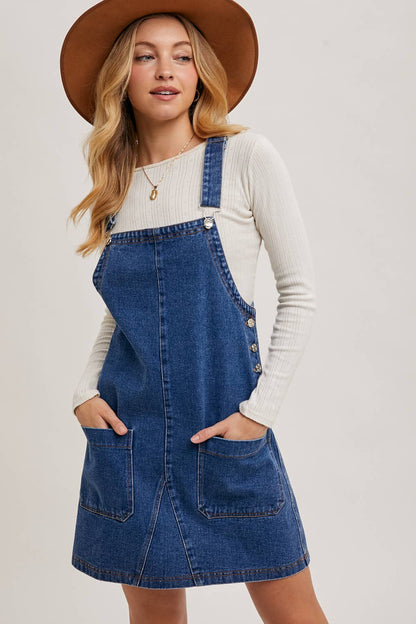 DENIM OVERALL MINI DRESS WITH POCKETS