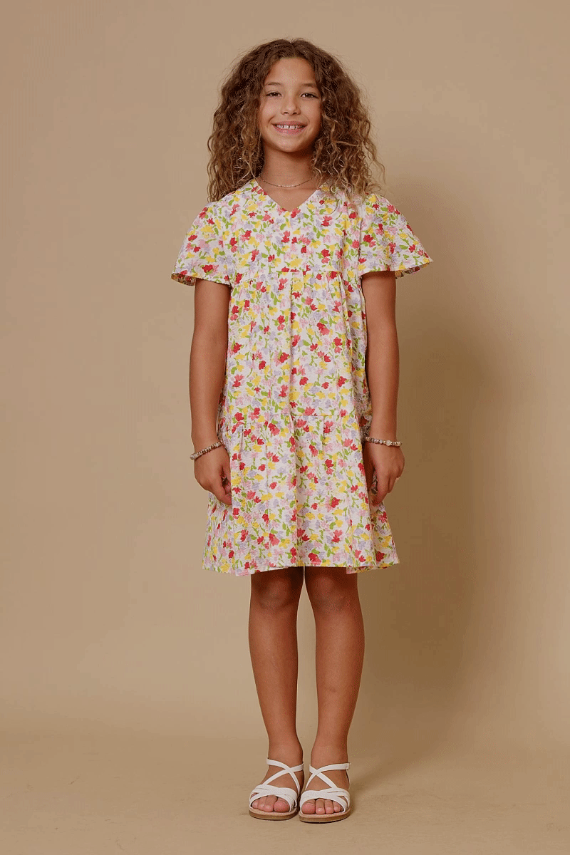 Girls Floral Flutter Sleeve Dress