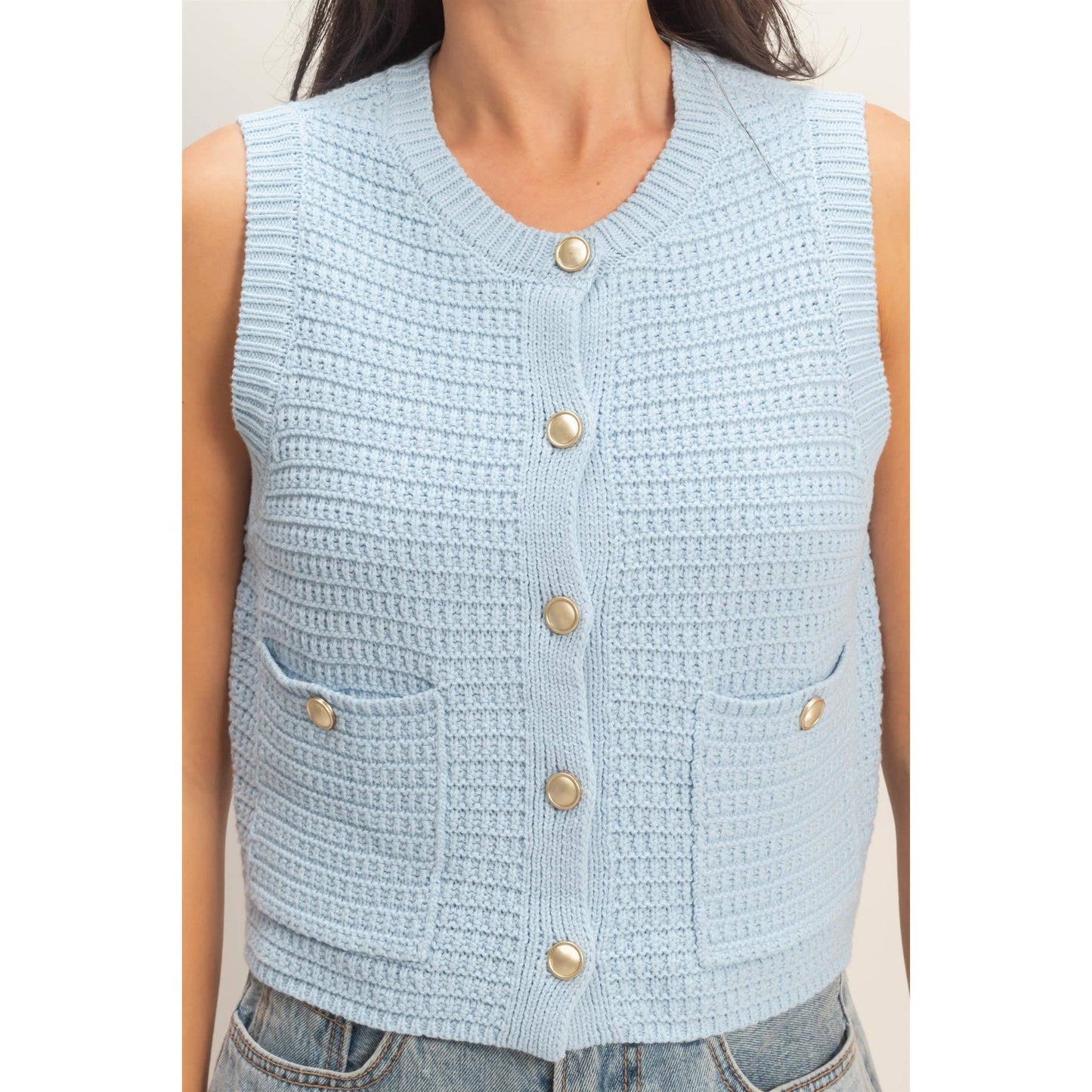 Textured Button Vest With Pocket