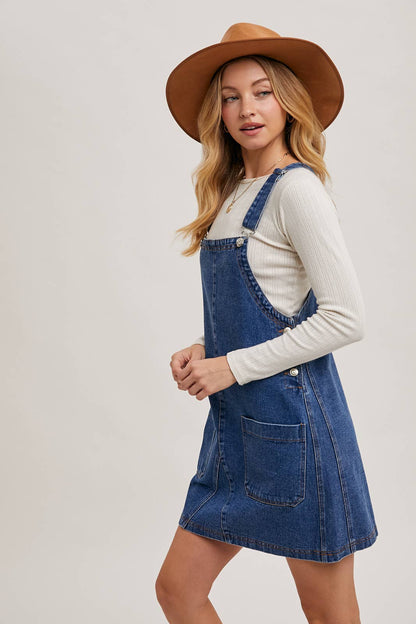 DENIM OVERALL MINI DRESS WITH POCKETS