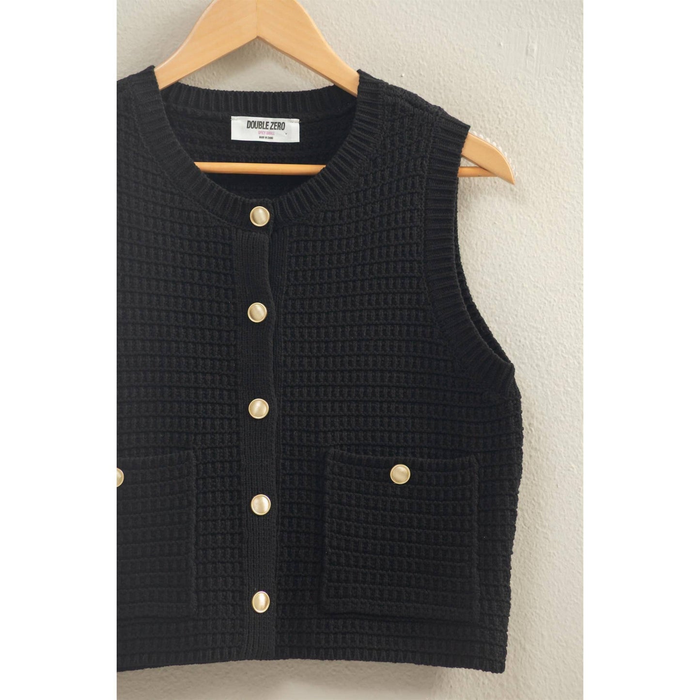 Textured Button Vest With Pocket