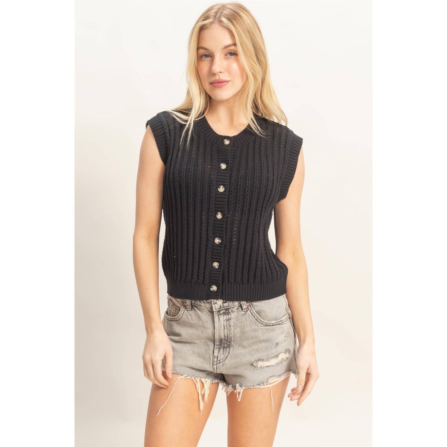 Sleeveless Ribbed Button Top