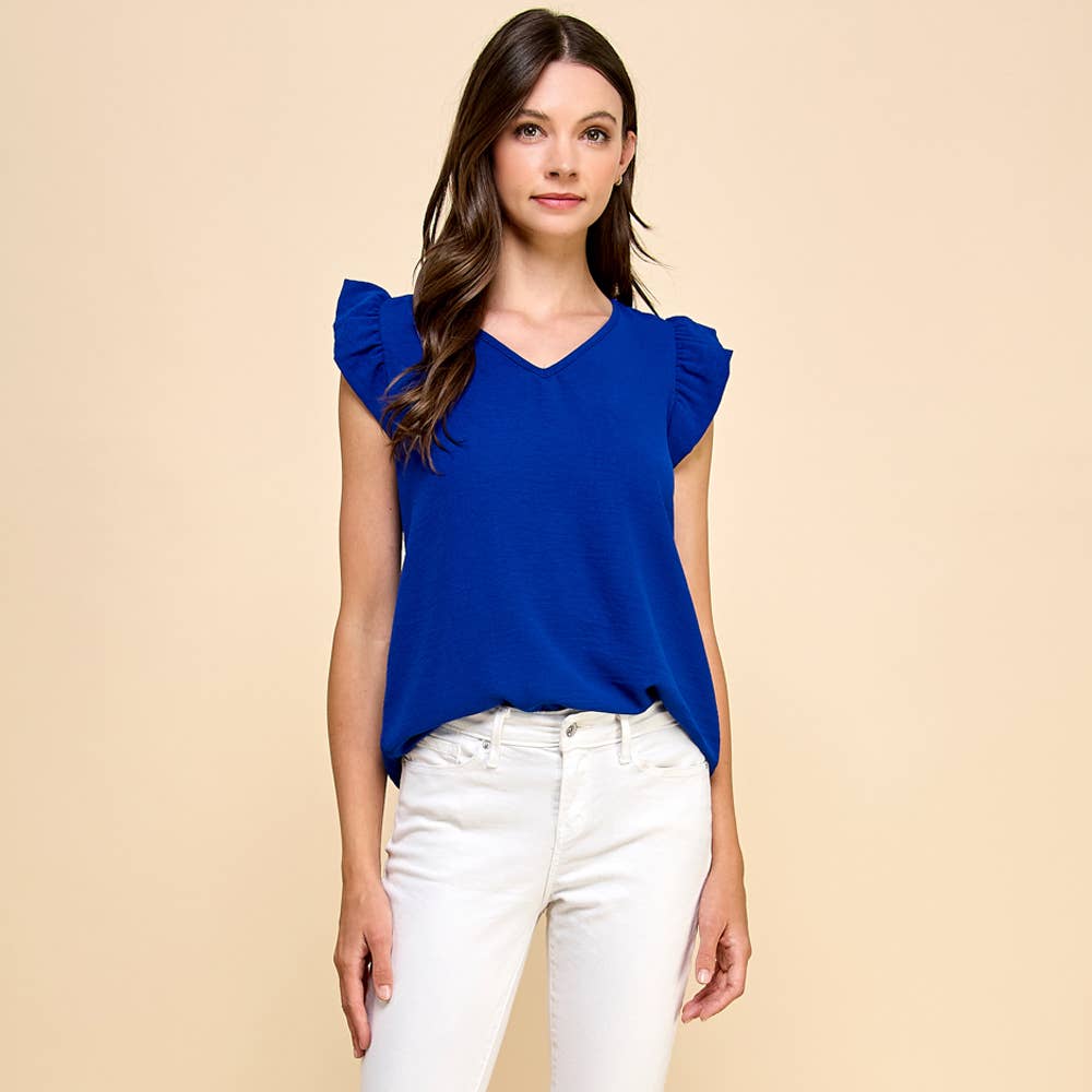 Solid Top with V neck Detail and Ruffled Sleeves