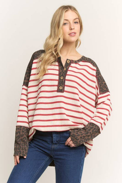 STRIPE & LEOPARD HENLEY - Plus