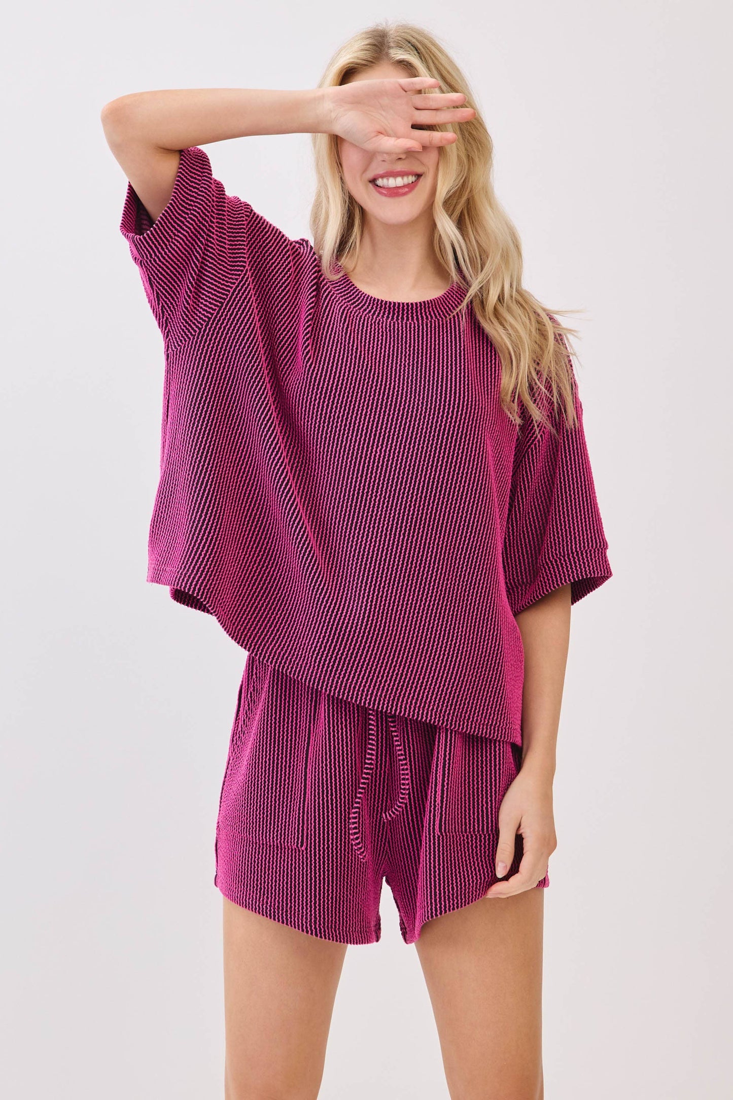 RIBBED ROUND NECK TOP AND SHORTS SET