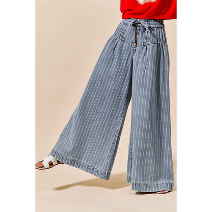 STRIPE DENIM WIDE LEG JEANS WITH BUTTON CLOSURE