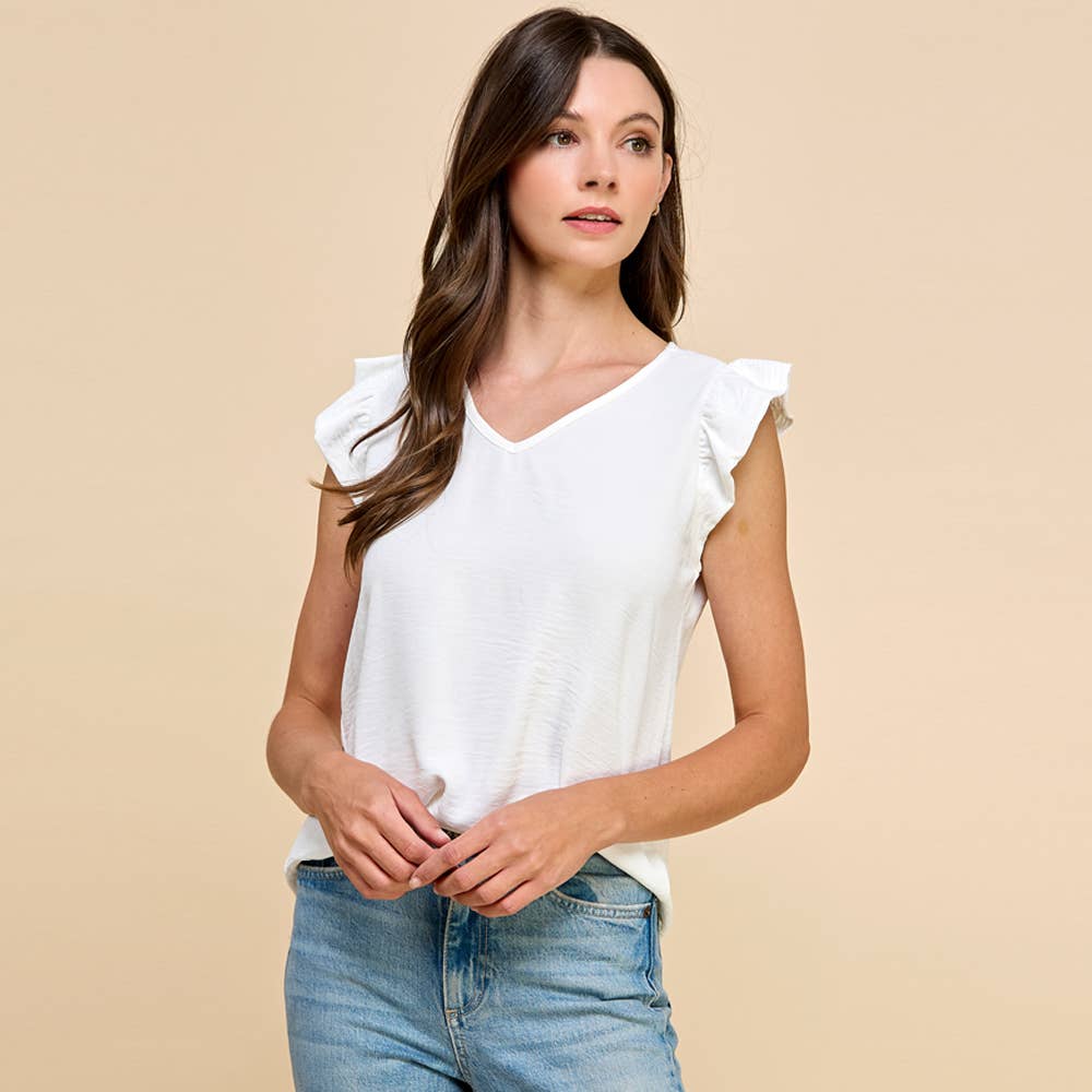 Solid Top with V neck Detail and Ruffled Sleeves