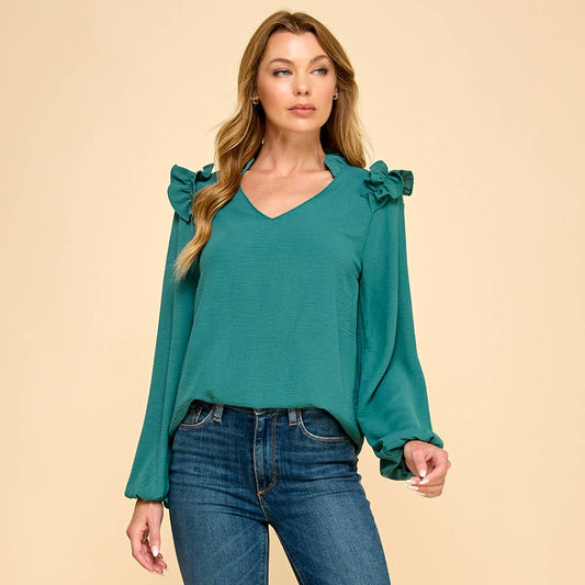 Ruffle Shoulder V-Neck Blouse