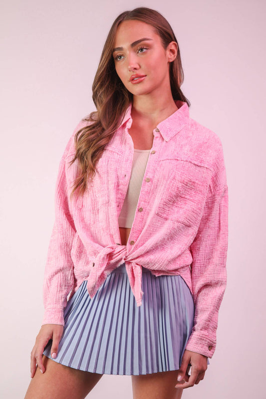 Mineral Washed Gauze Button Down Shirt Top