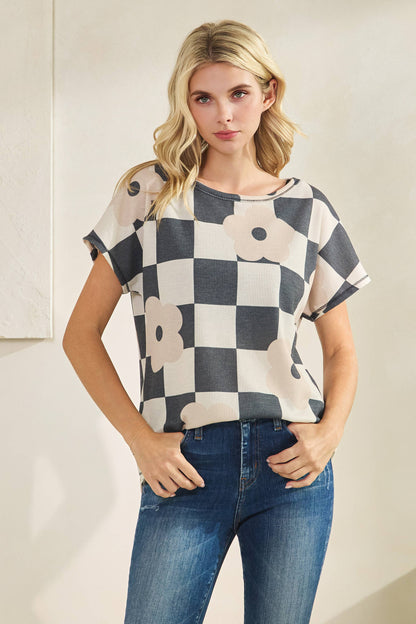 Floral Checkered Knit Top