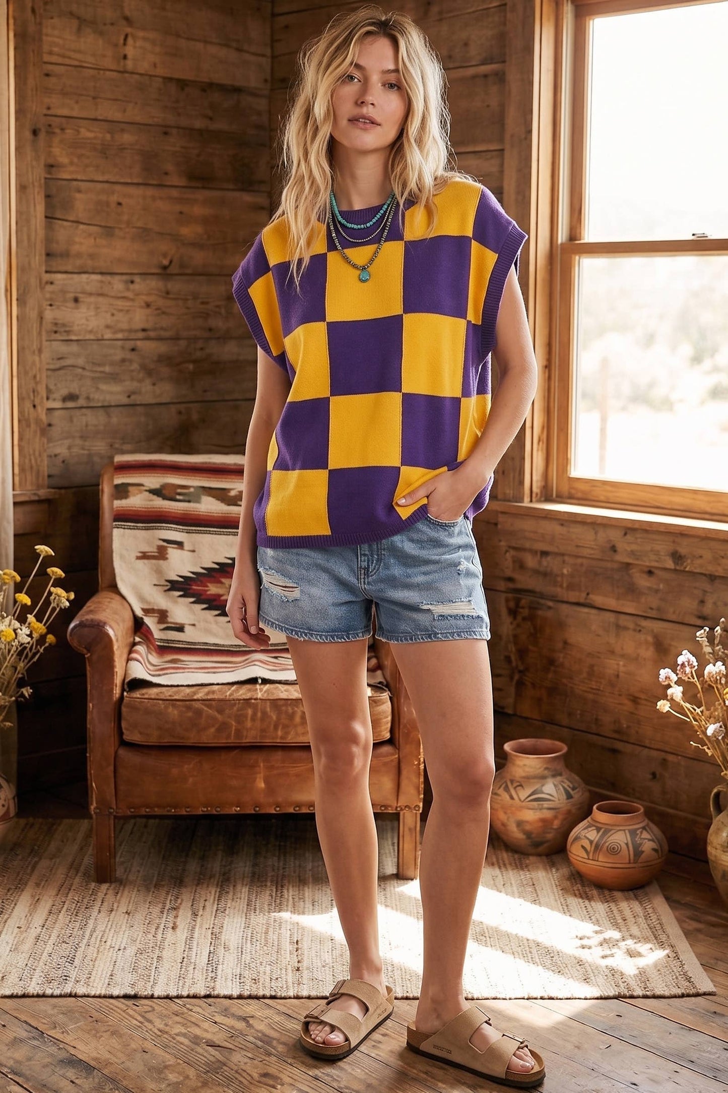 Checkered Knit Sleeveless Top