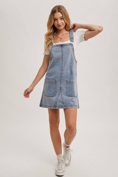 DENIM OVERALL MINI DRESS WITH POCKETS