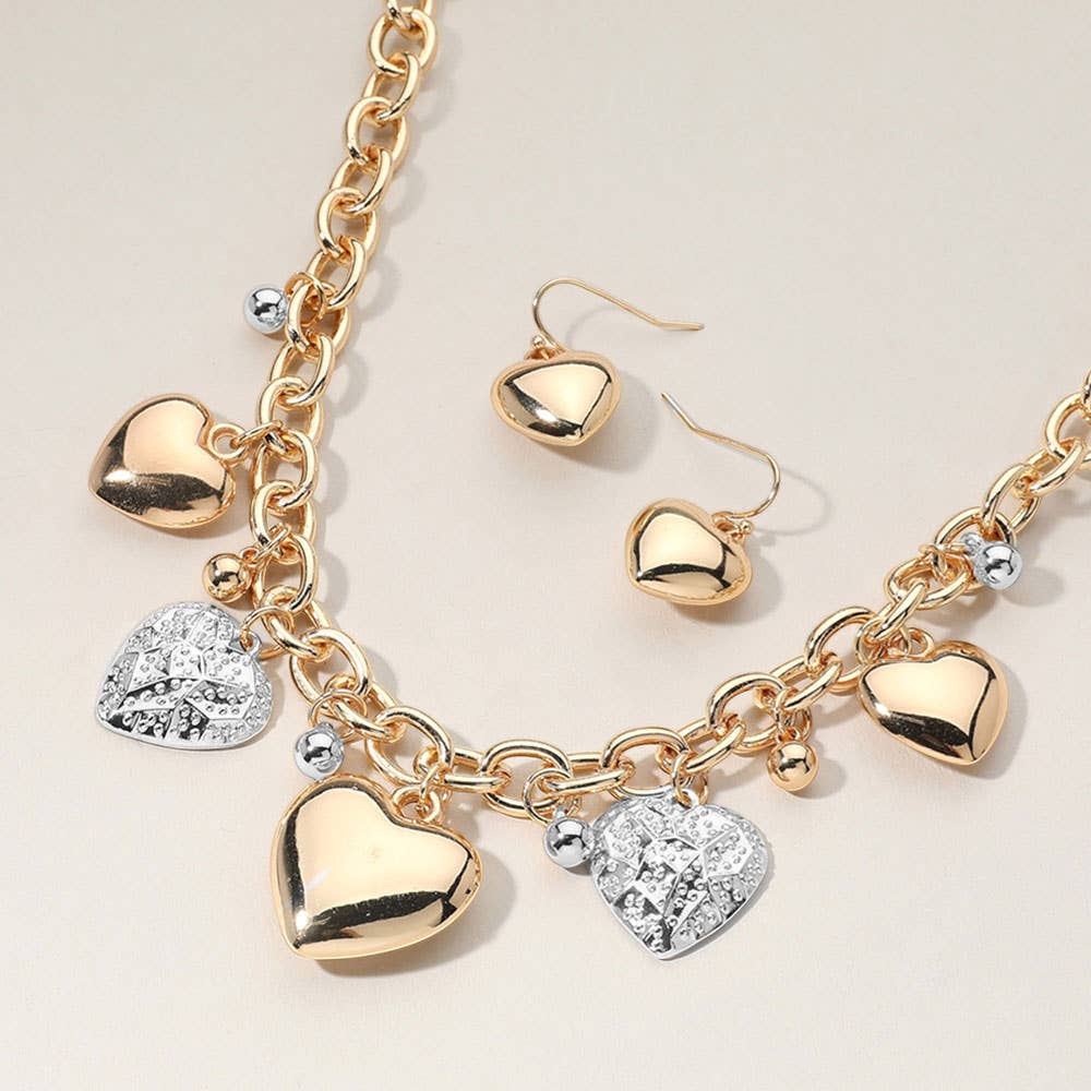 Metal Heart Charm Station Chunky Chain Necklace