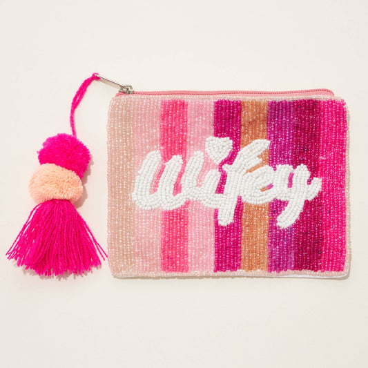 'Wifey' Seed Bead Canvas Pouch with Tassel
