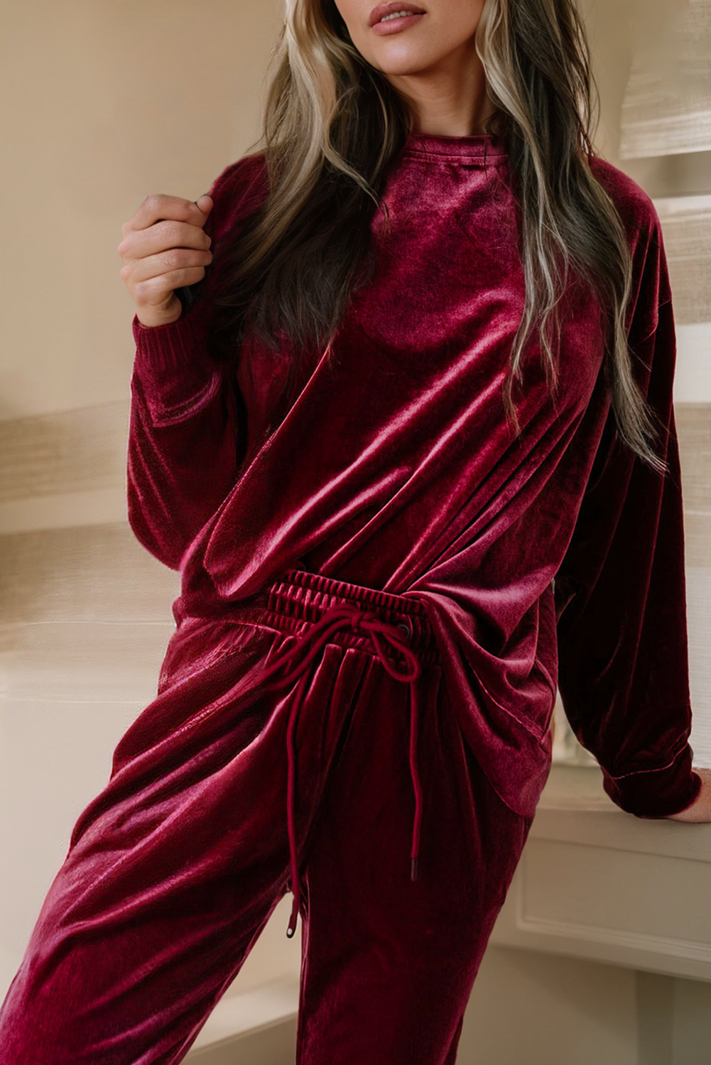 Fiery Red Solid Velvet Two Piece Lounge Set